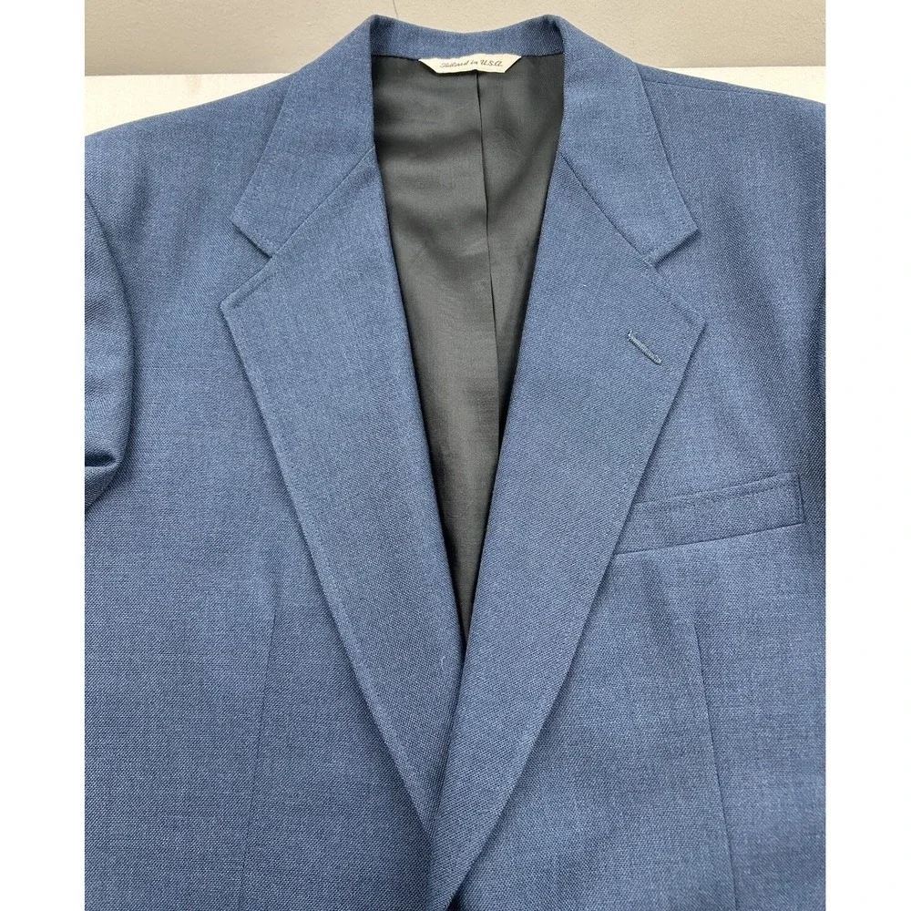 Stafford Mens 42R‎ Blue Solid Sport Coat Wool Poly Blazer Jacket Gold Button USA